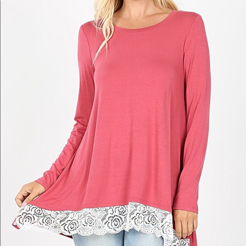 Women's Long Sleeve Round Neck Lace Trim Top | Blissfully Beautiful Boutique